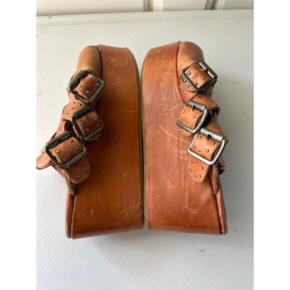 Freebird By Steven Landi Brown Studded Leather Chunky Wooden Platform Sandals 8 - Picture 5 of 7